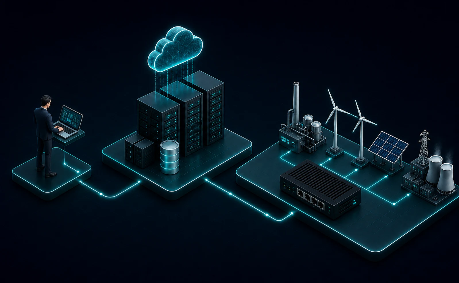 Isometric Blackwall One topology showing operator access, a private cloud layer, managed edge gateway and operational sites